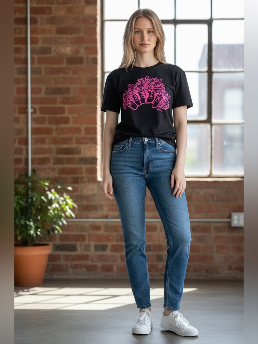 See By Chloe Navy Puff-Sleeve Tee with Pink Graphic